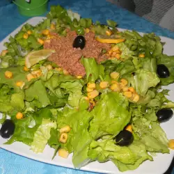 Зеленый салат с тунцом и оливками