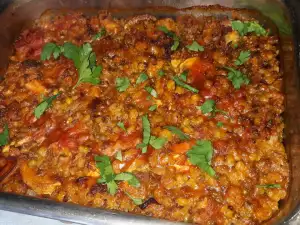 Запеченная фасоль маш с грибами и помидорами