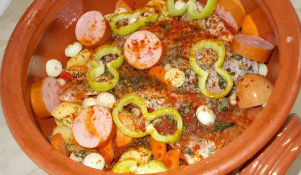 Новогодний болгарский гювеч из 2 видов мяса и колбасок