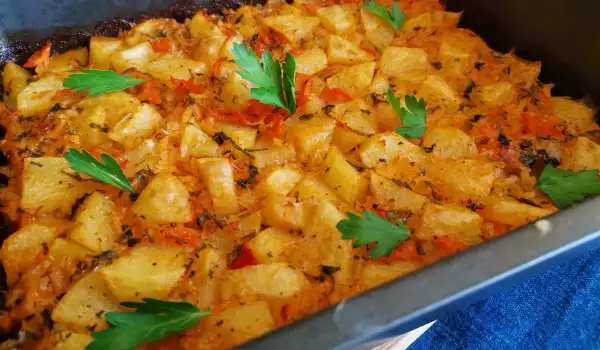 Картофель с рисом и луком по-деревенски