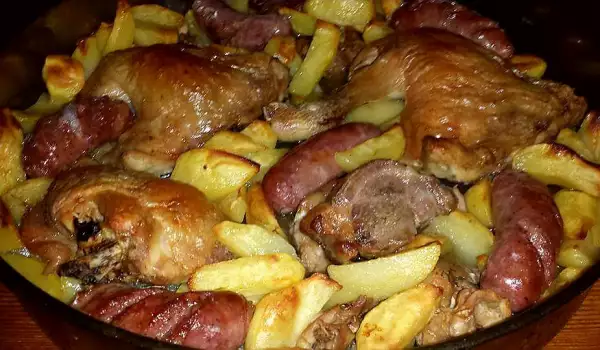 Картофель с тремя видами мяса в духовке